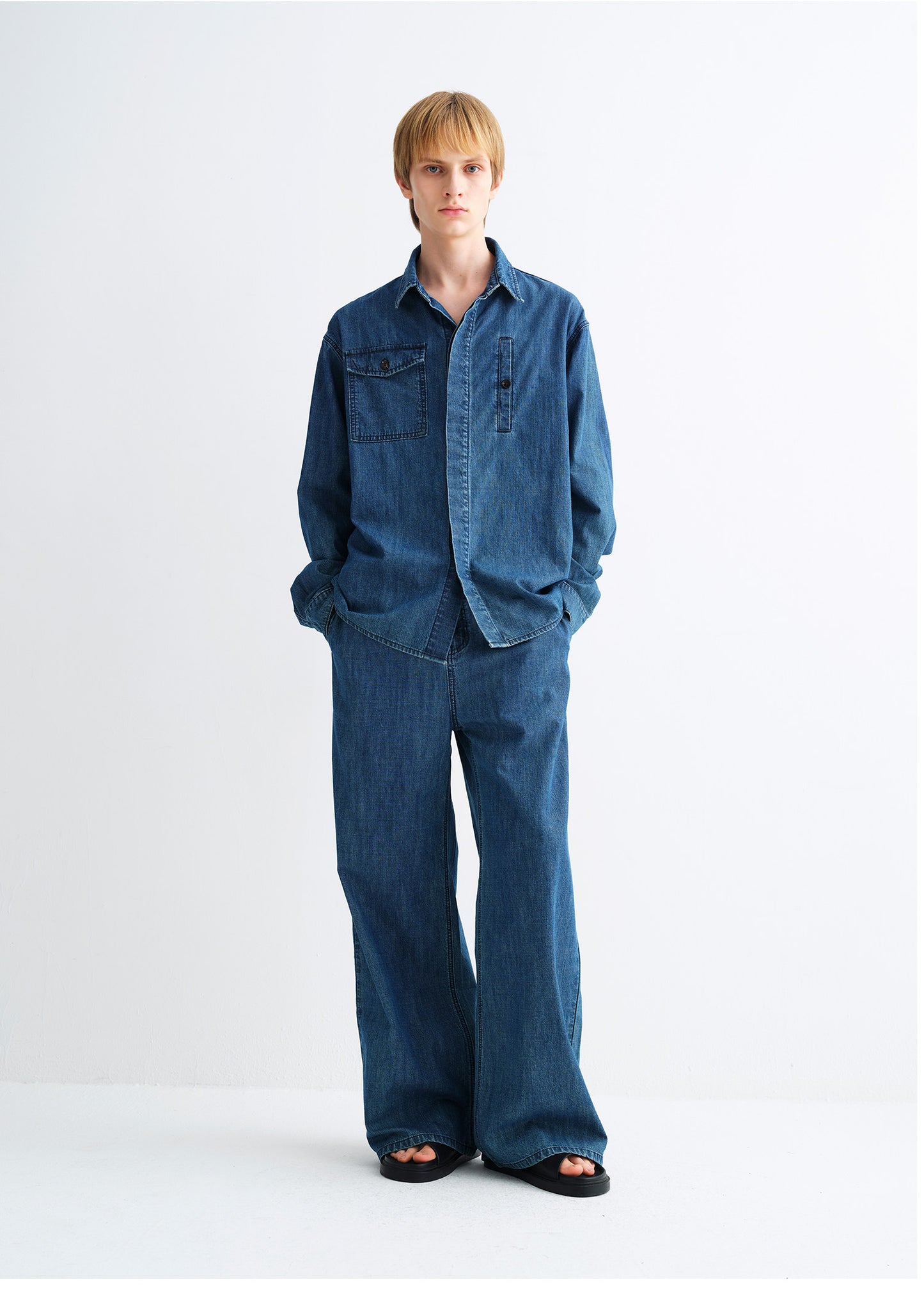 Wash-Finish Wide-Leg Denim Pants
