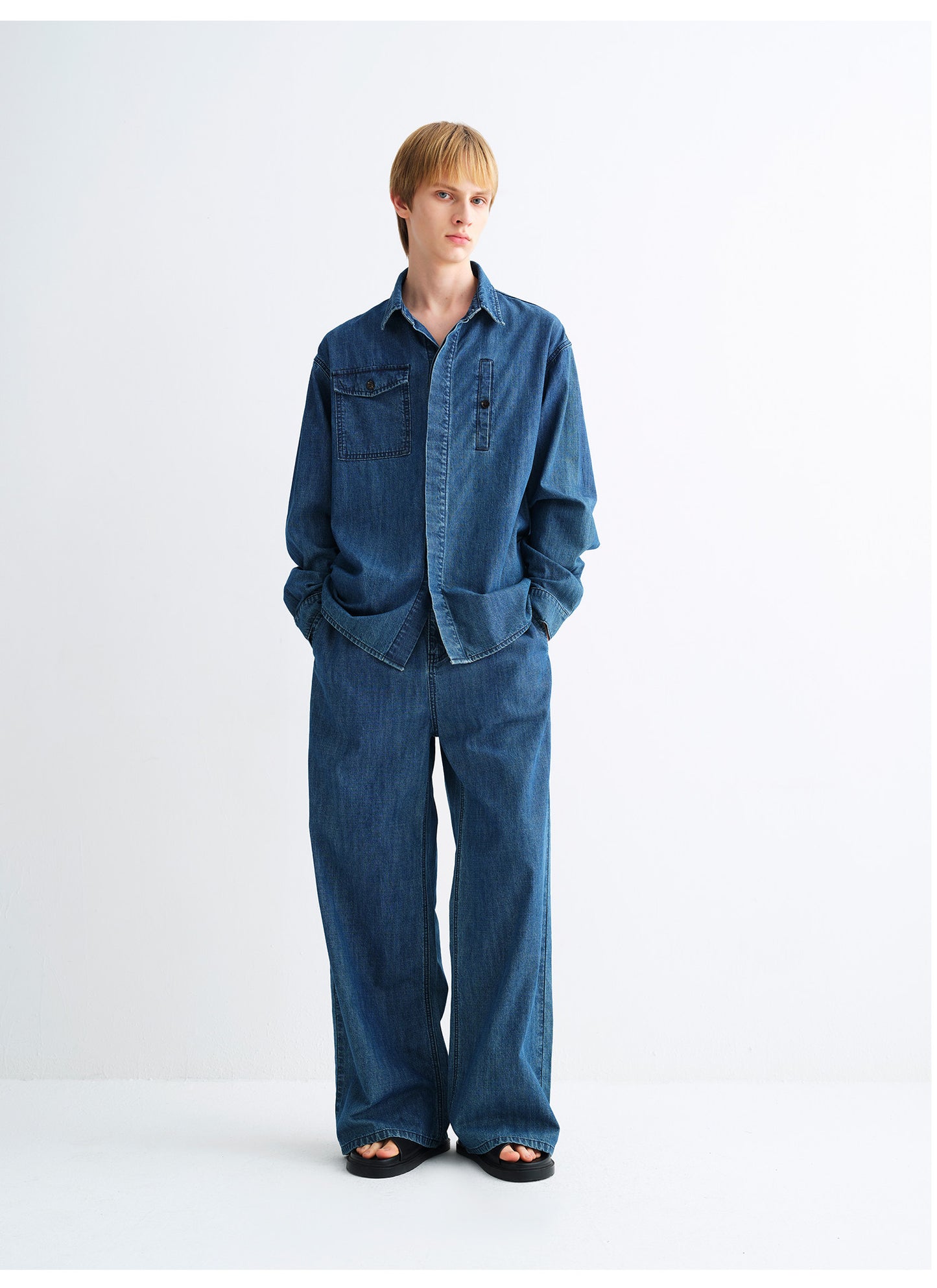 Wash-Finish Wide-Leg Denim Pants