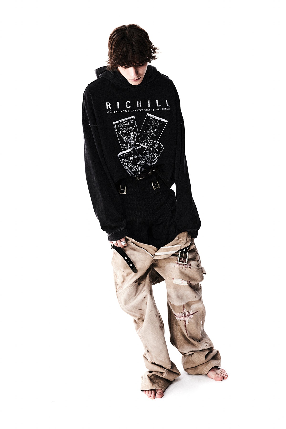 Washed Destroy Patch Hooded Sweatshirt