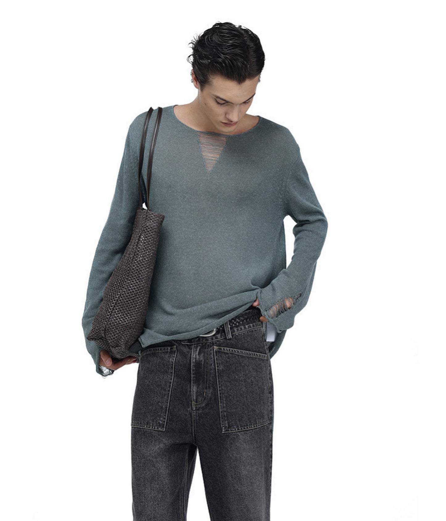 V-Neck Drawstring Lightweight Knit Shirt