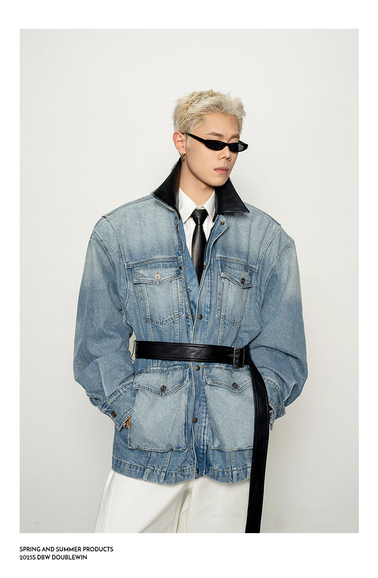 Detachable Leather Collar Denim Jacket