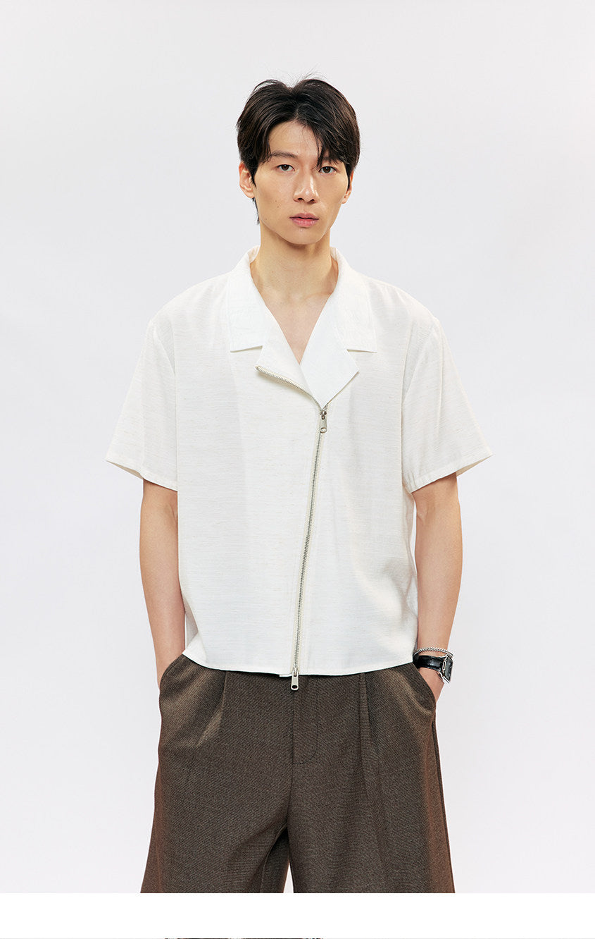 Multi-form Collar Shirt with Diagonal Zipper