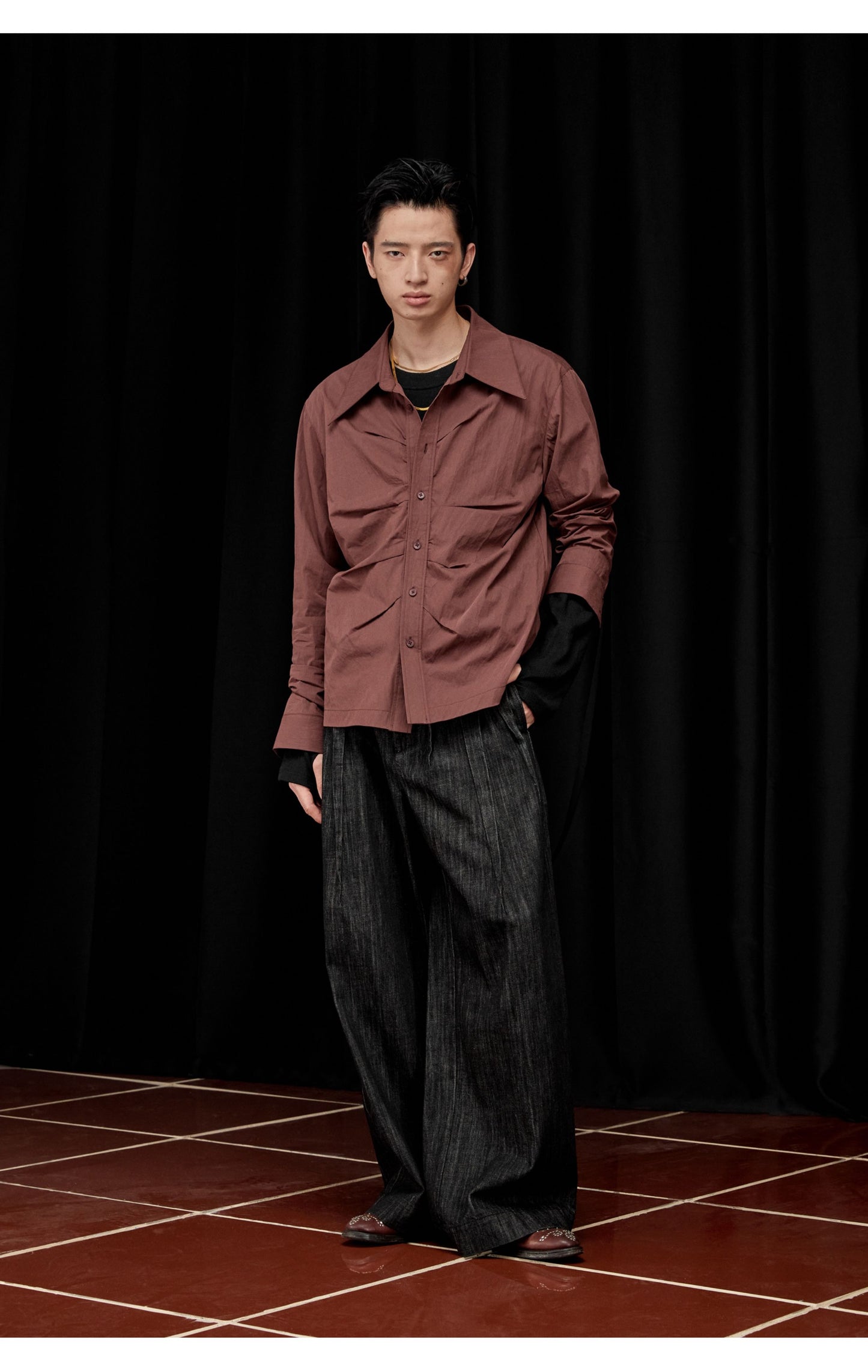 Wide Leg Multi-Pleated Denim Pants