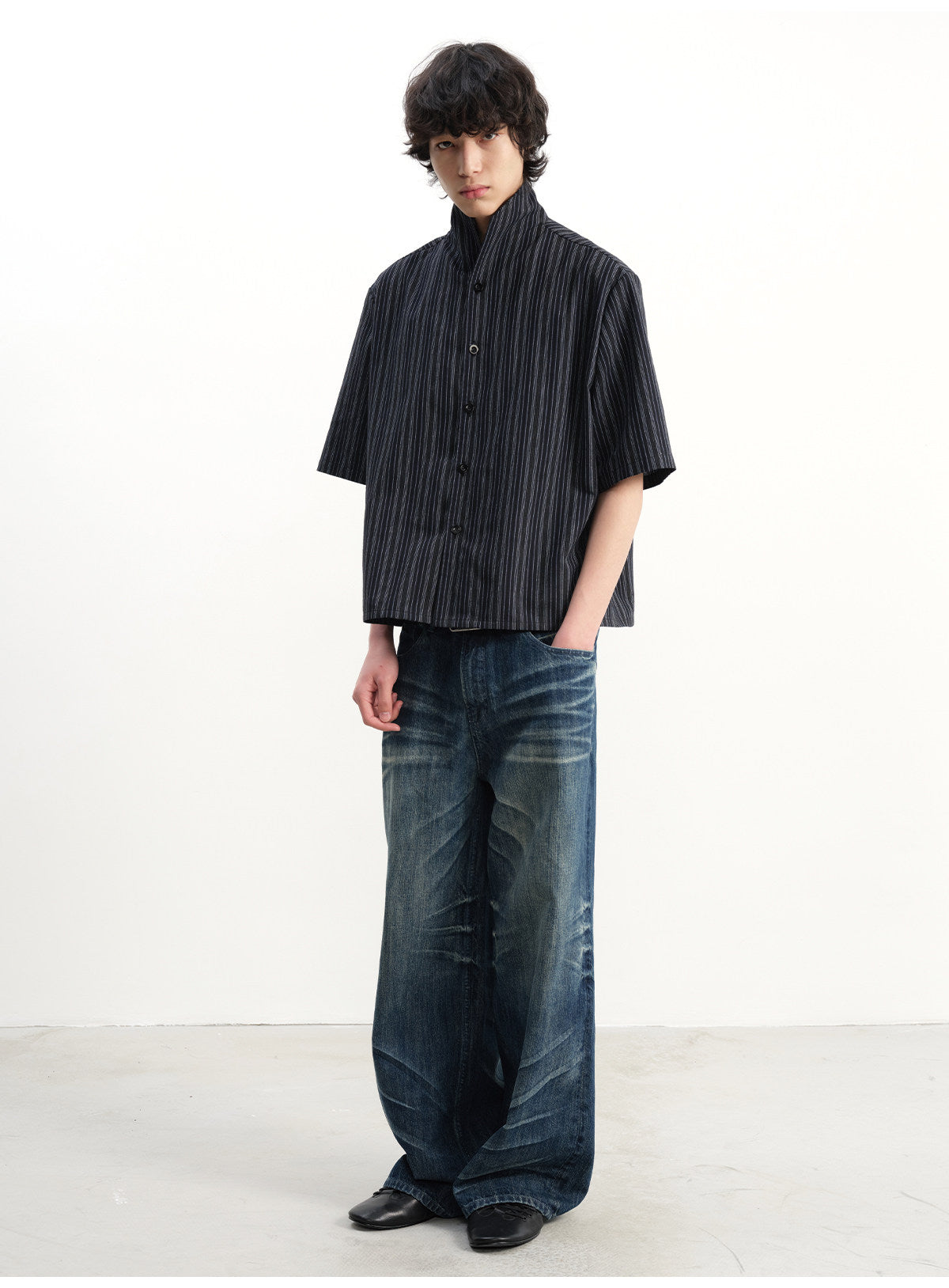 3D Pleated Washed Denim Pants
