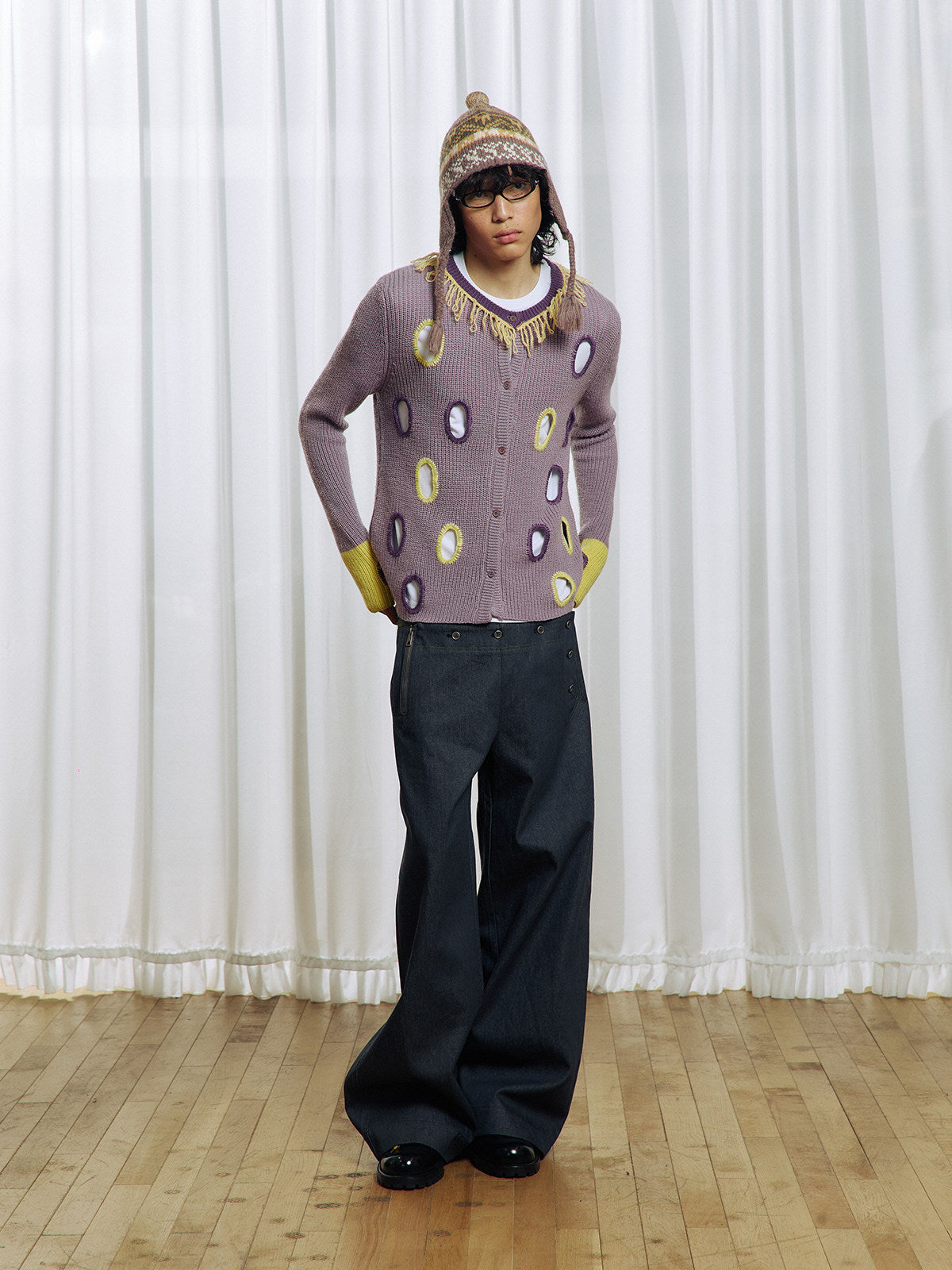 Hollowed-out wool blend cardigan