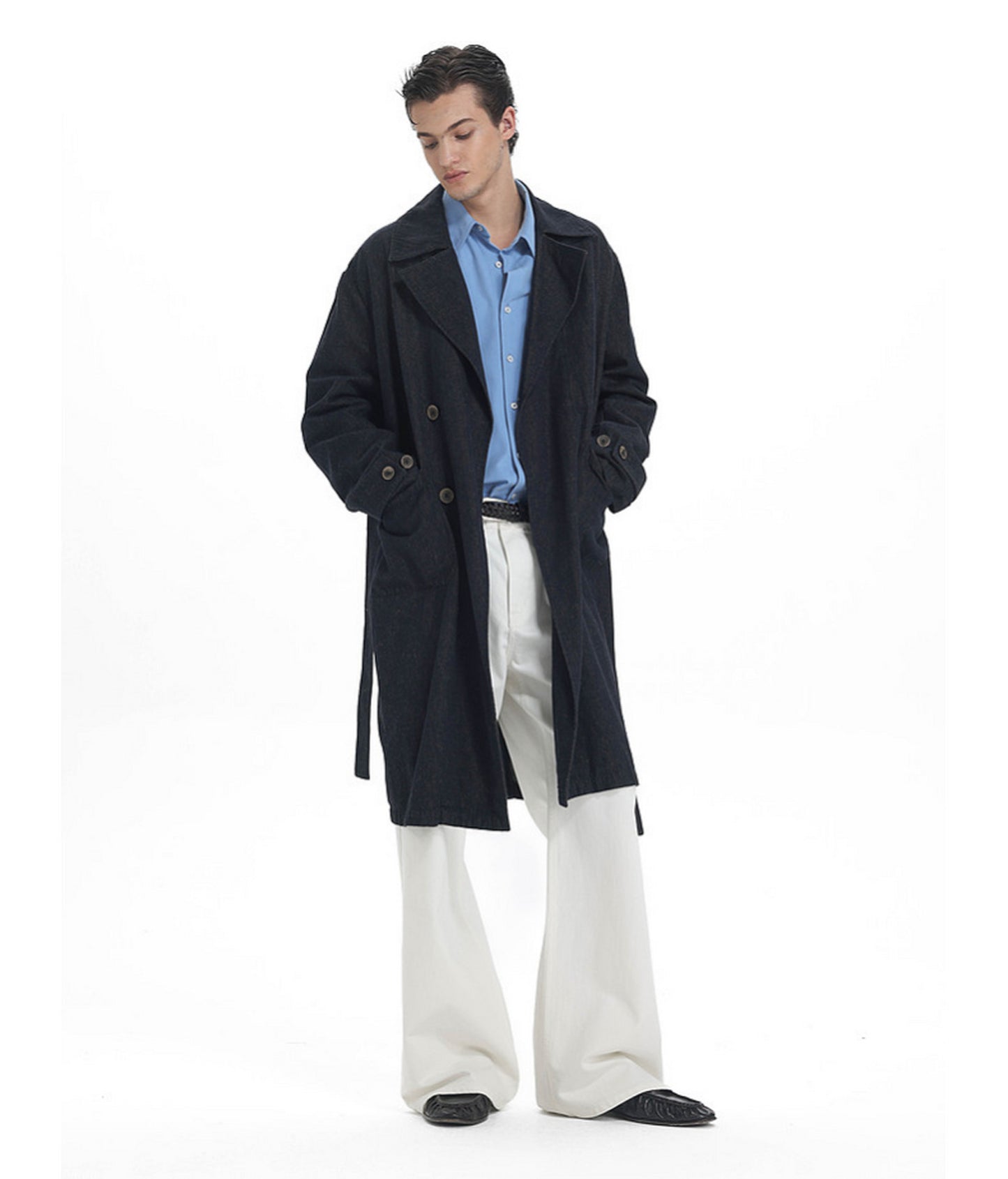 Linen-Blend Denim Trench Coat　