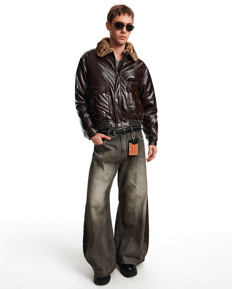 Patchwork Fur Collar Leather Jacket