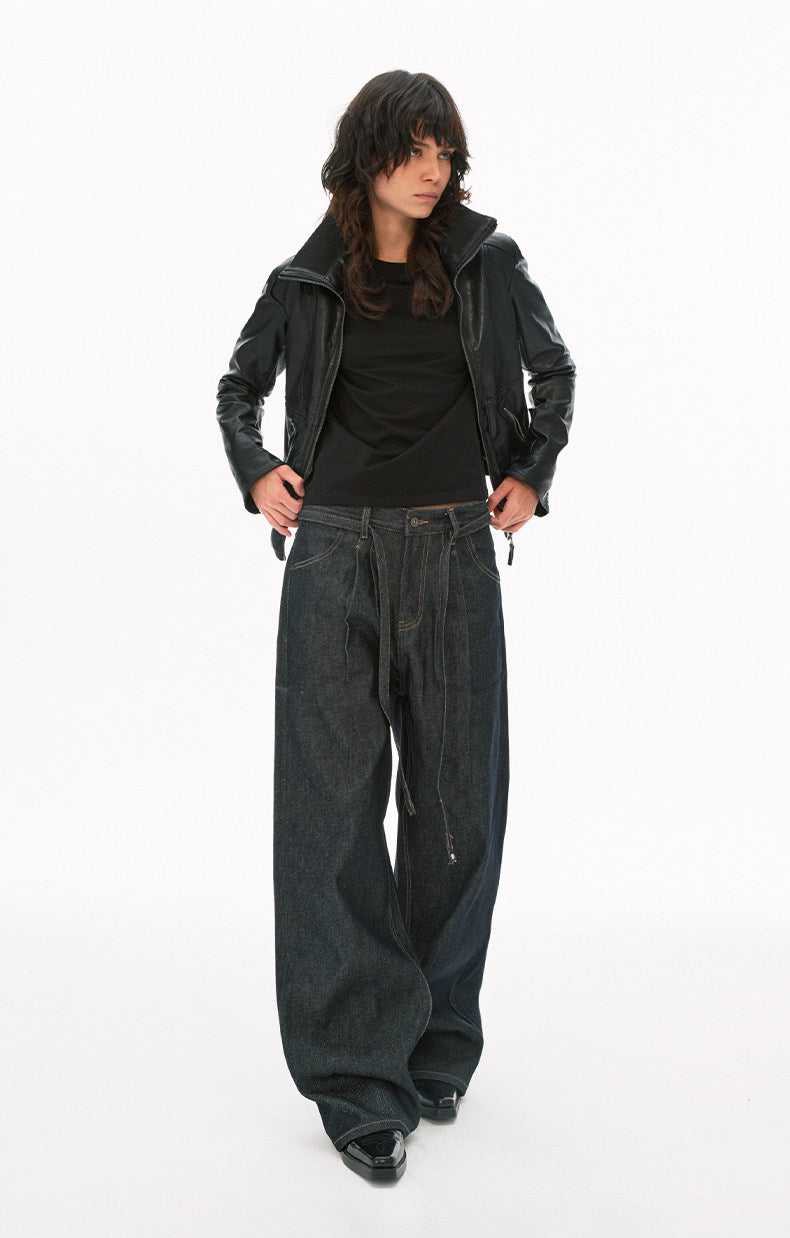 Minimalist Lace-Up Raw Denim Pants