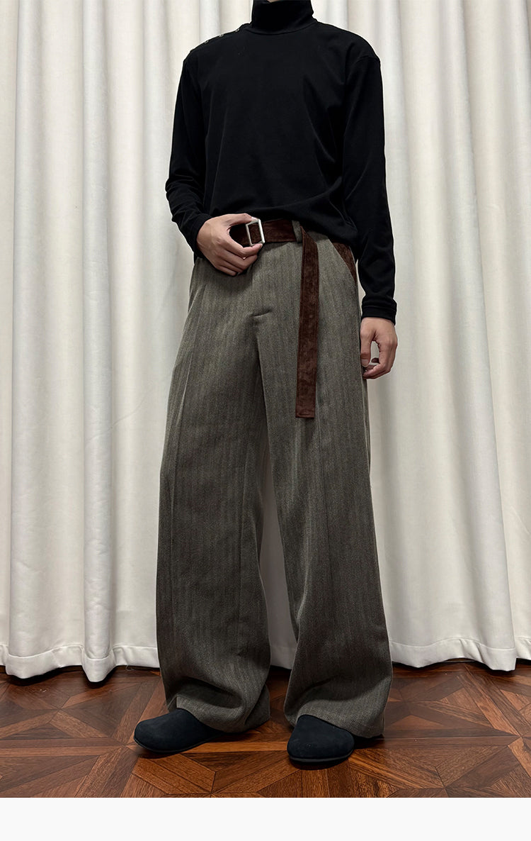 Suede Belt Pleated Casual Pants