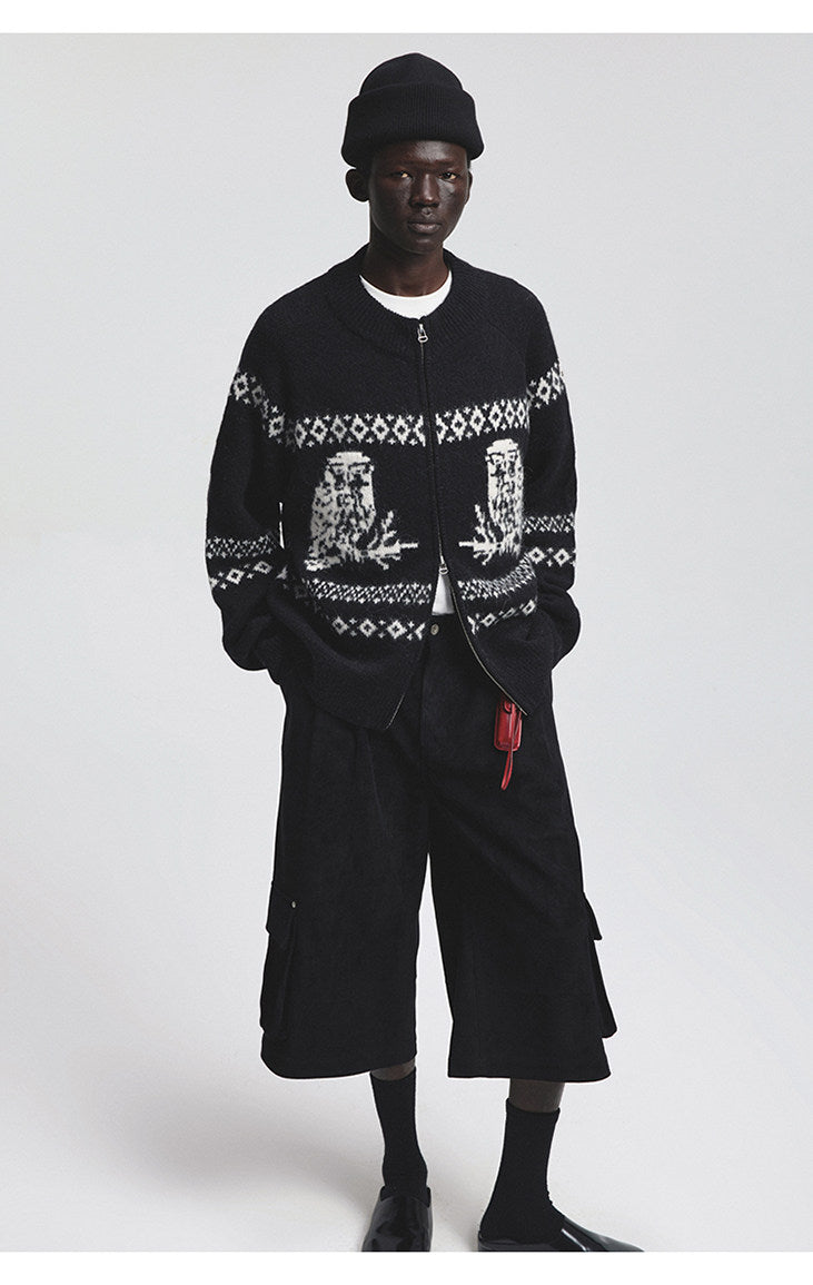 Vintage Animal Jacquard Zipper Cardigan