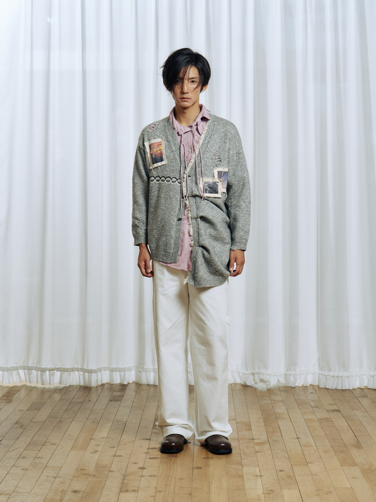 Pleated Design Blend Knit Cardigan