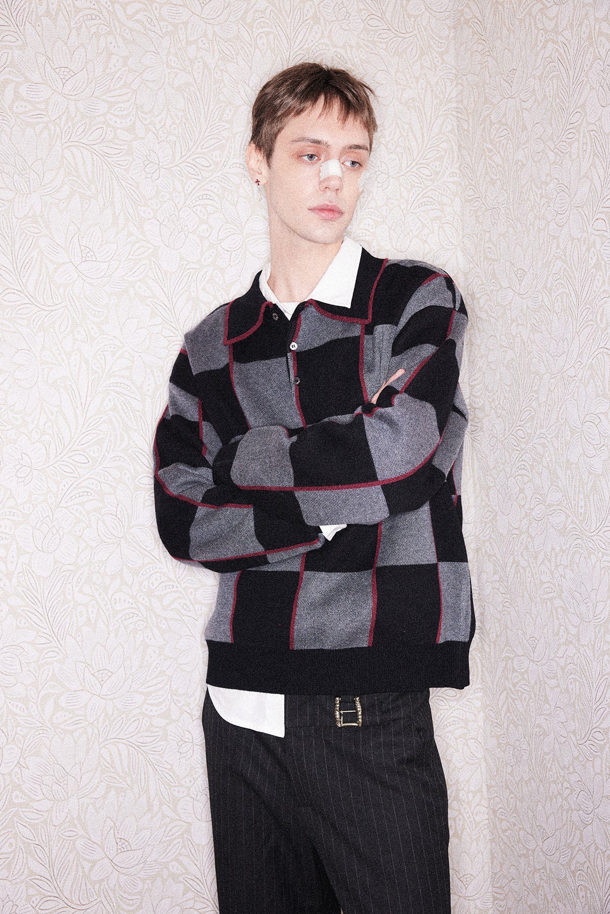 Wool lapel checkered polo shirt