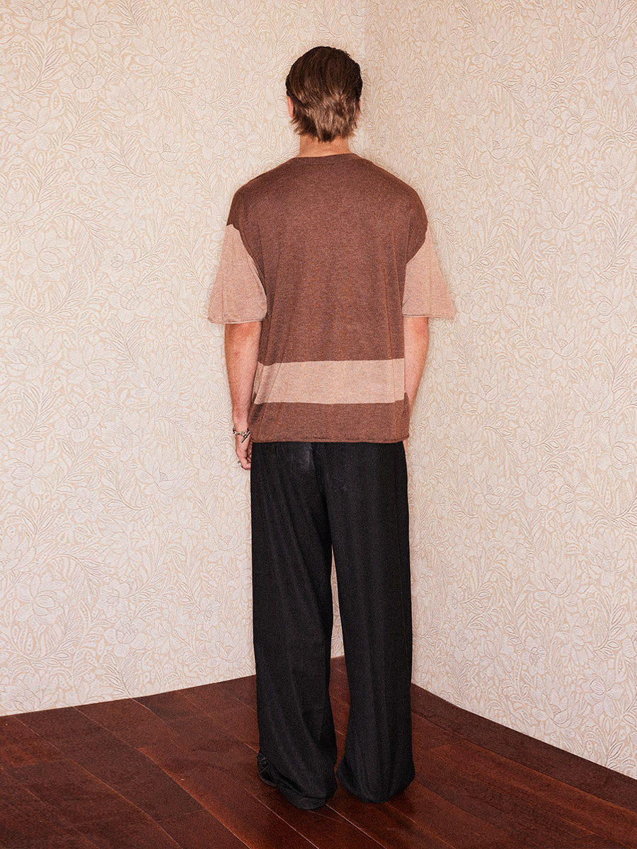 Beige and brown stitched wool T-shirt