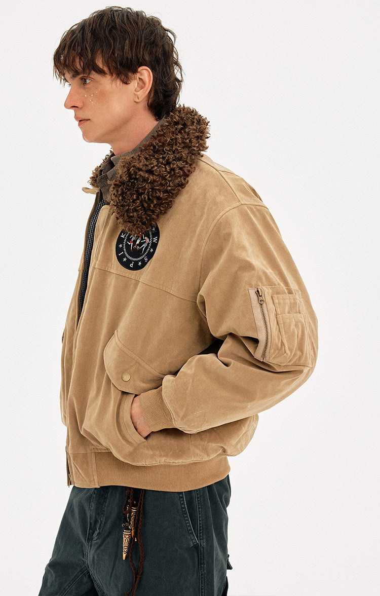 Retro Embroidery Faux Suede Collar Jacket