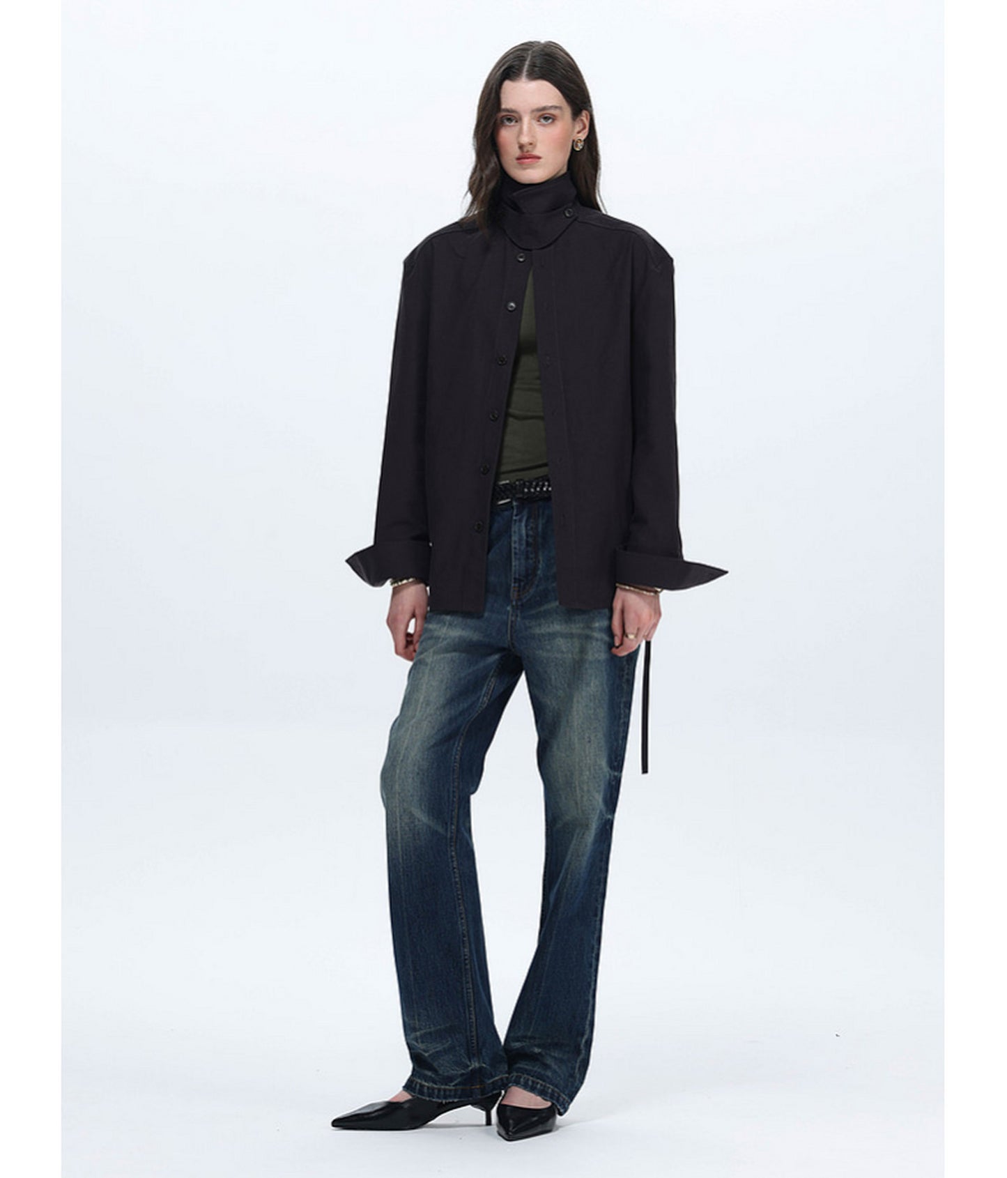 Shirt with Stand-Up Collar and Panel Design