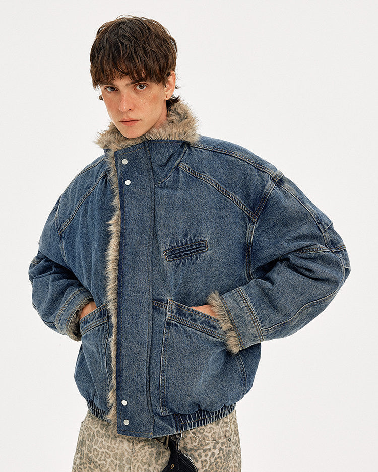 Denim jacket with fur collar