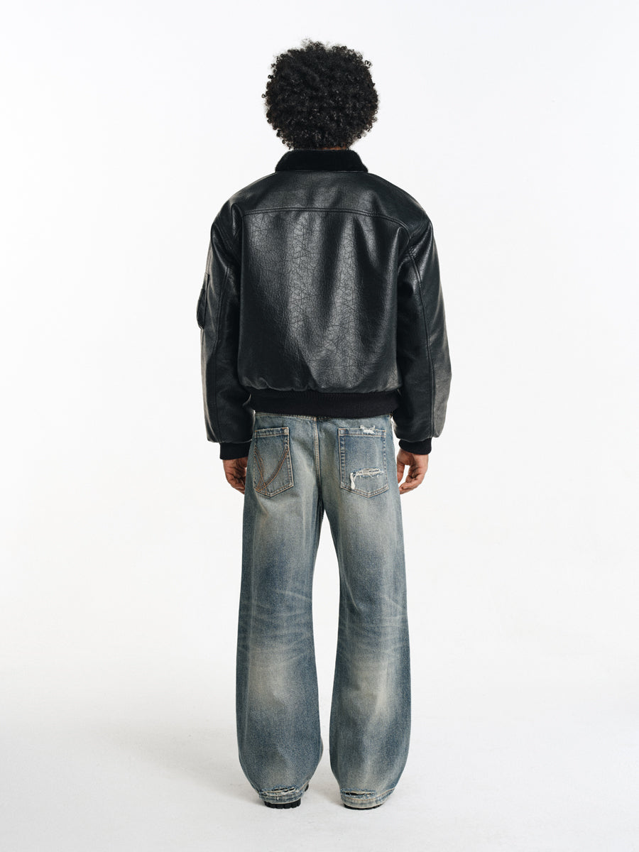 Stand collar faux leather jacket