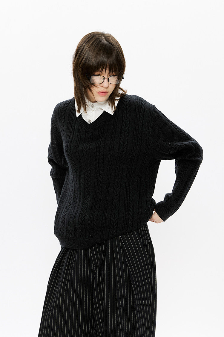 Faux Two-Piece Cable Knit Sweater