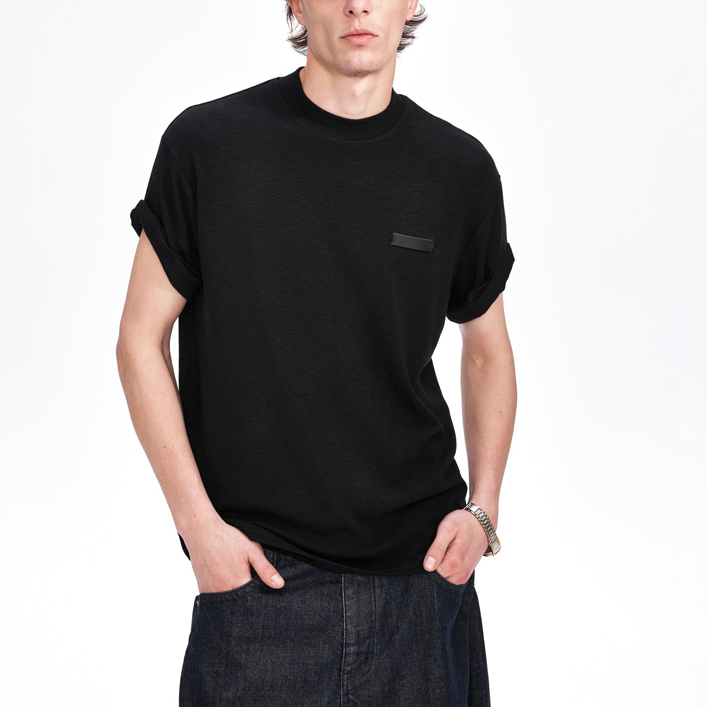 Roll-Sleeve T-Shirt with Leather Label