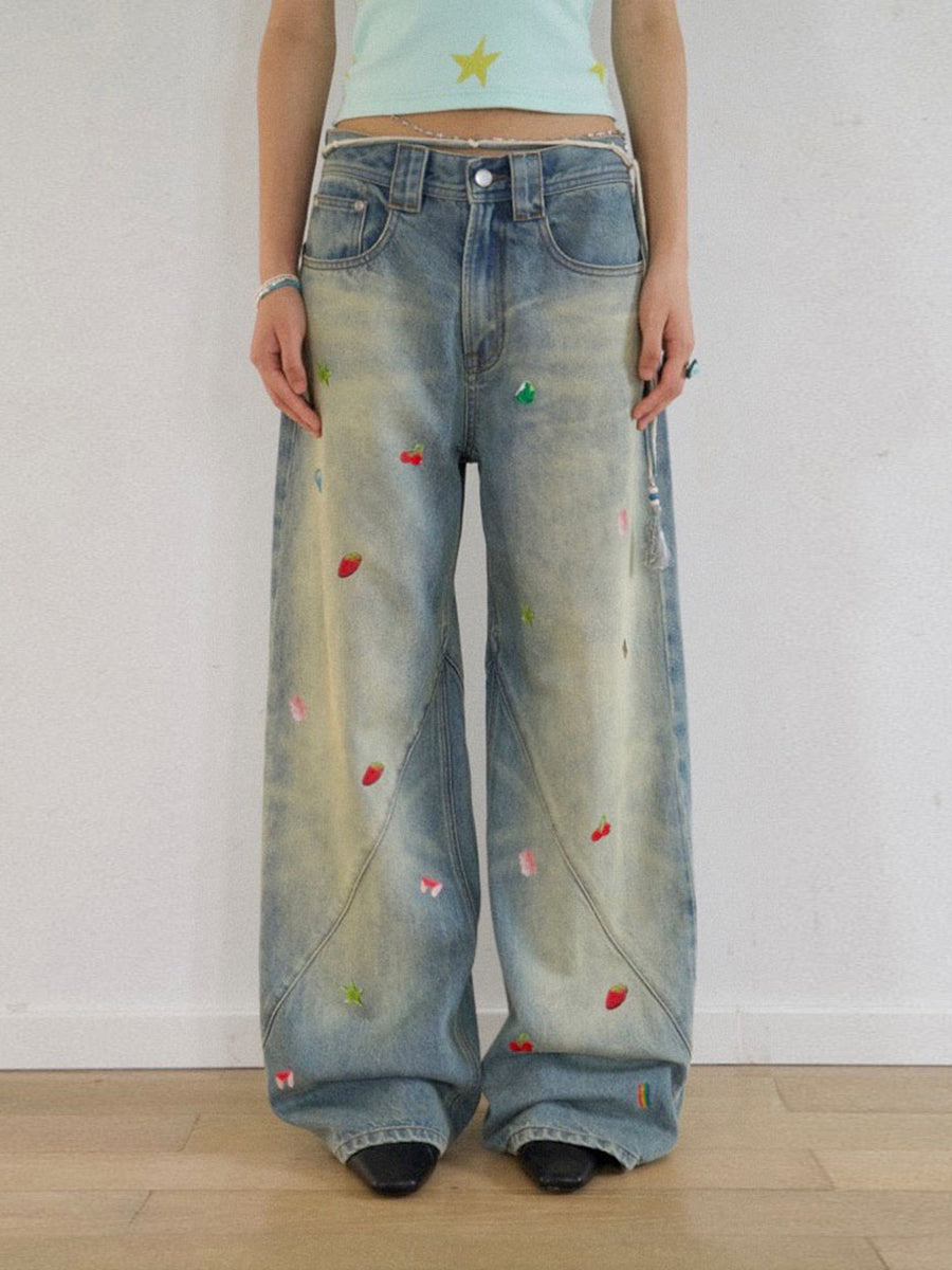 Printed Washed Whisker Jeans