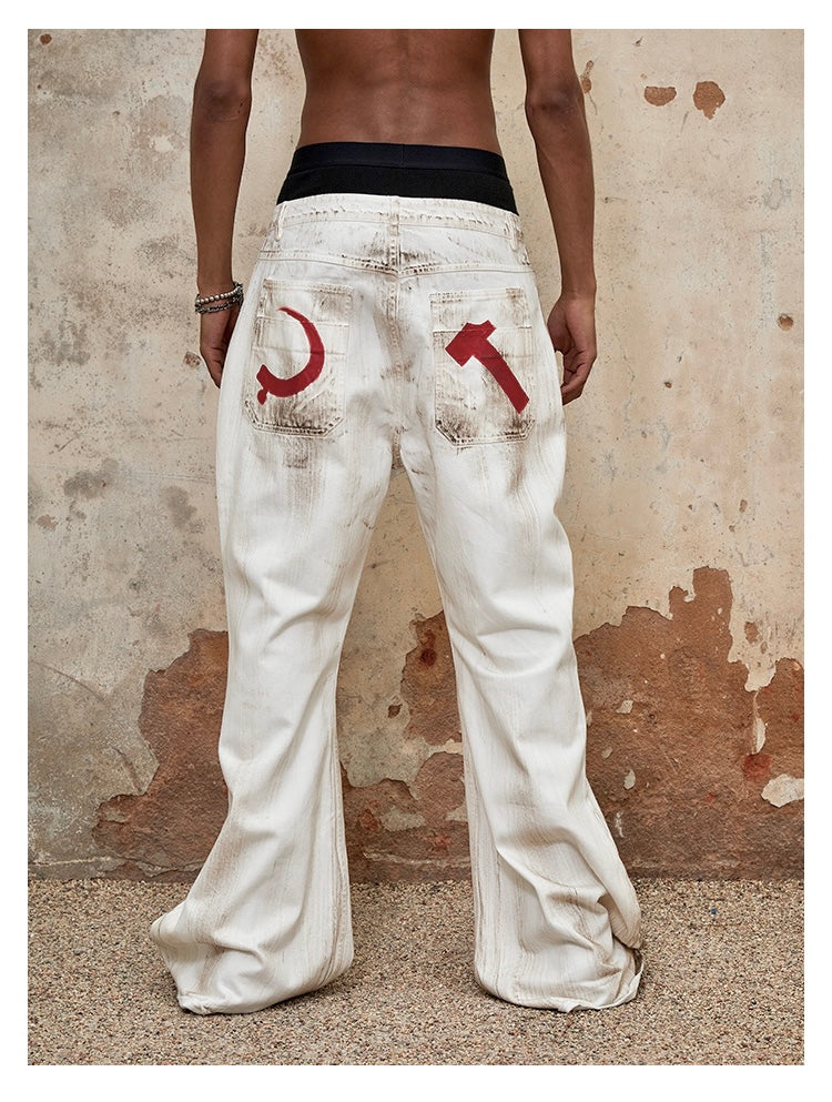 Hand-painted Damaged Bell Bottom Pants
