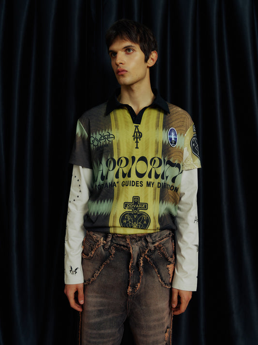 Digital Print Faux Two-Piece Polo Shirt