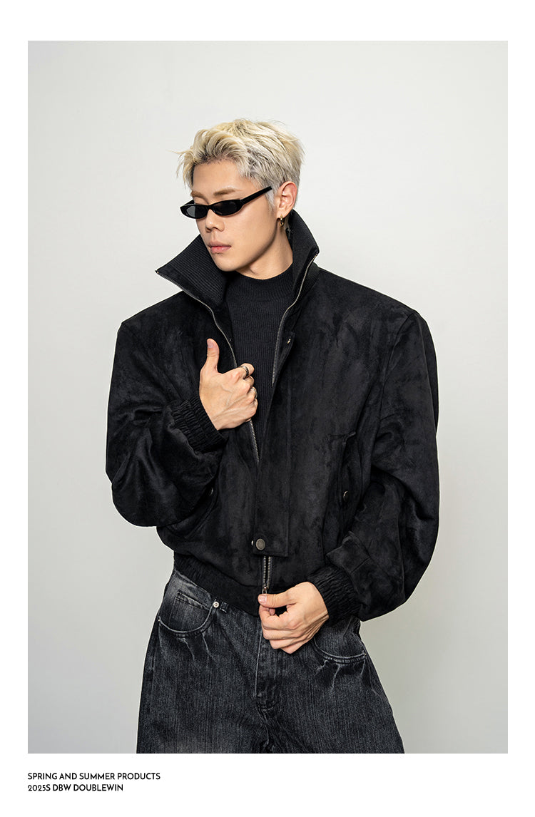 Suede Rib High-Neck Short Jacket