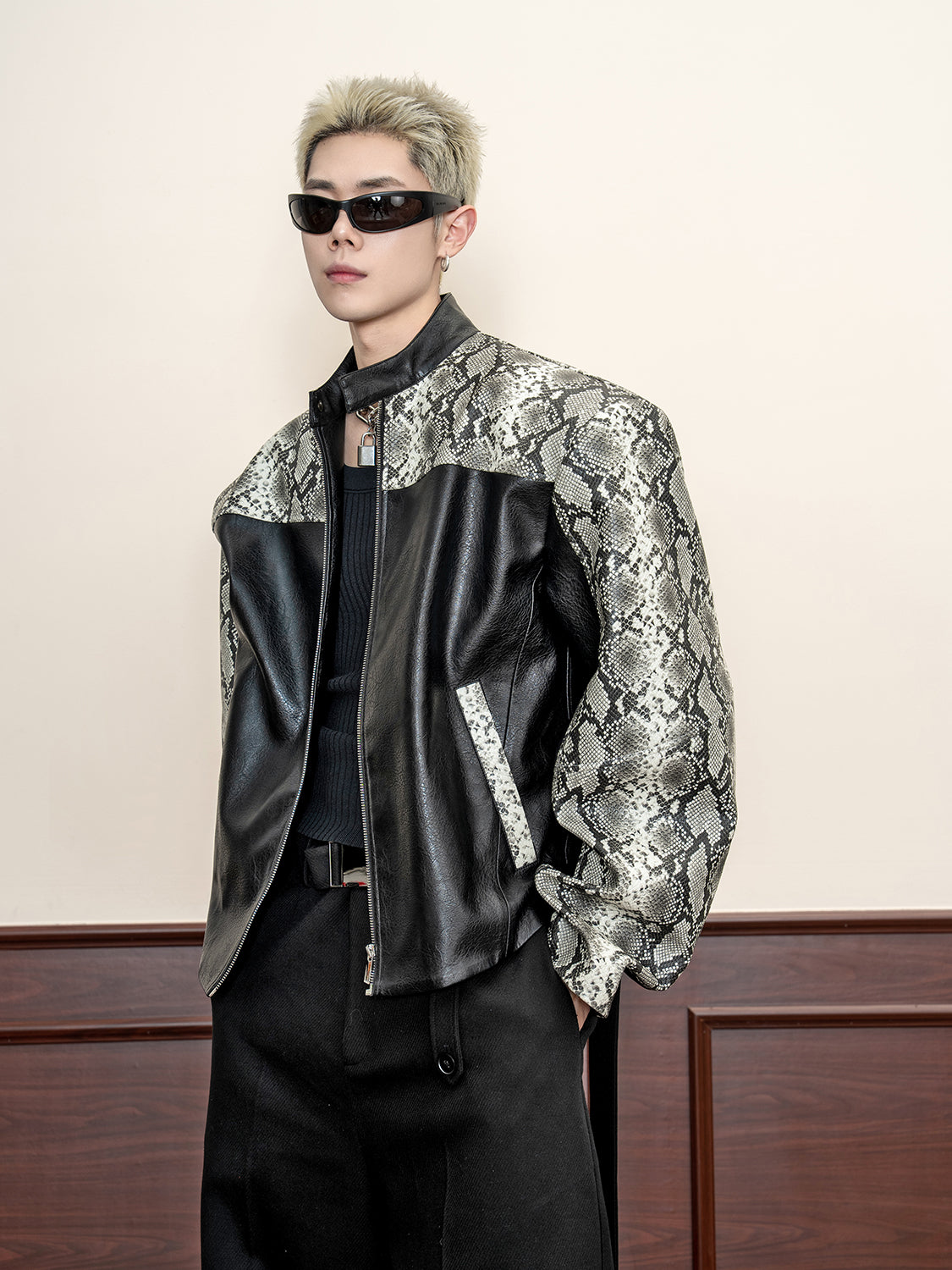 Snakeskin Patterned Scimitar Sleeve PU Leather Jacket