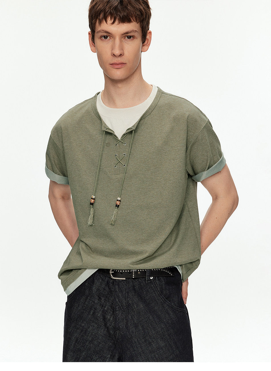 Off-Shoulder Fake Two-Piece T-Shirt with Beads