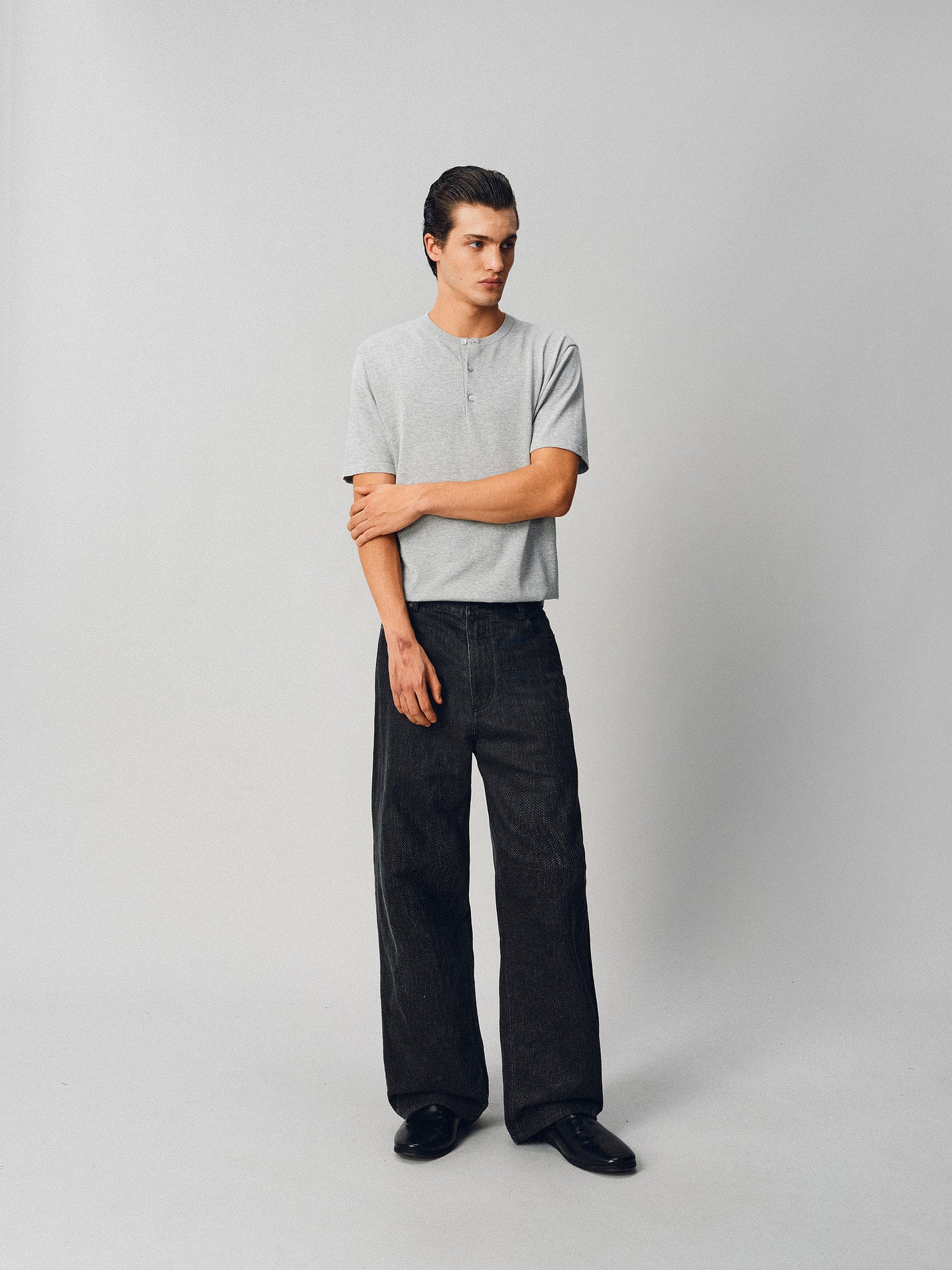 Waxed Micro-Flared Washed Denim Pants