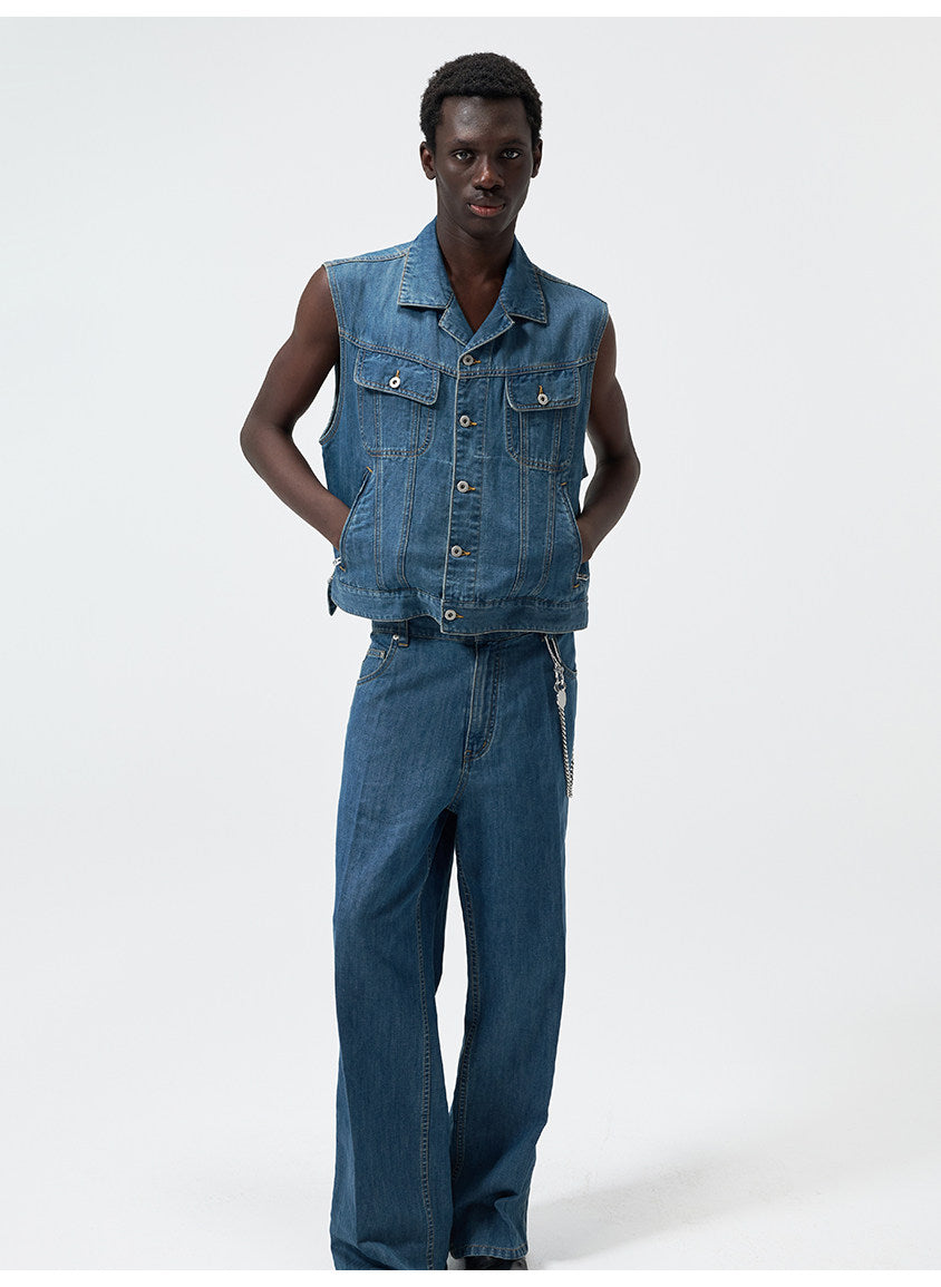 Cuban-Collar Short Denim Vest
