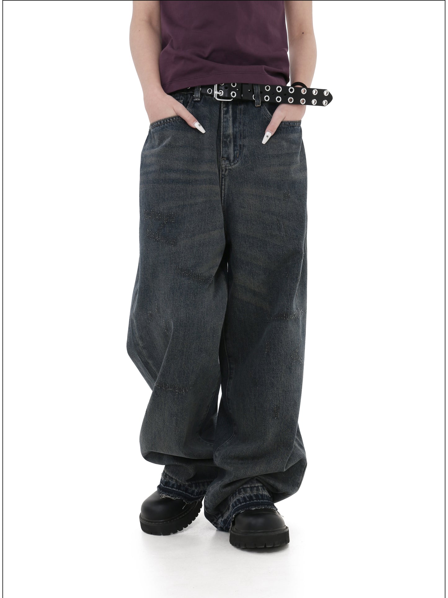 Loose-fitting wide-leg denim pants