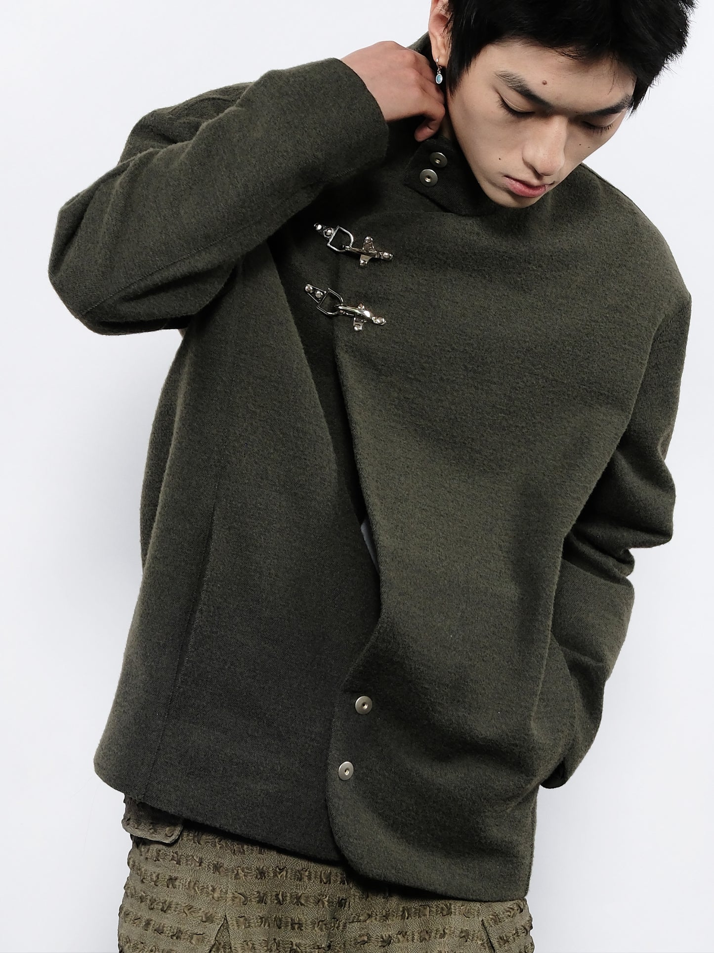 Wool jacket with diagonal front placket