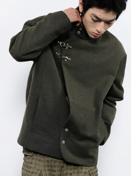 Wool jacket with diagonal front placket