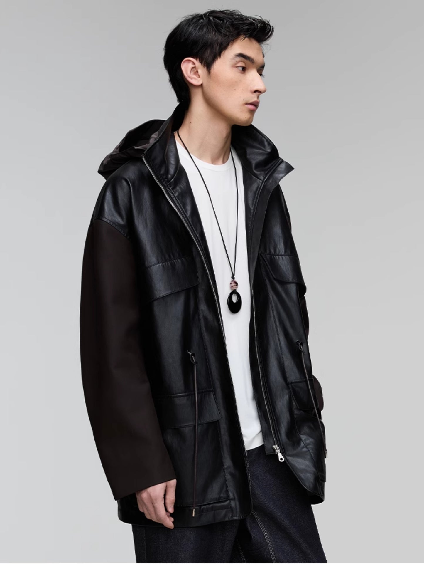Leather jacket with detachable hood