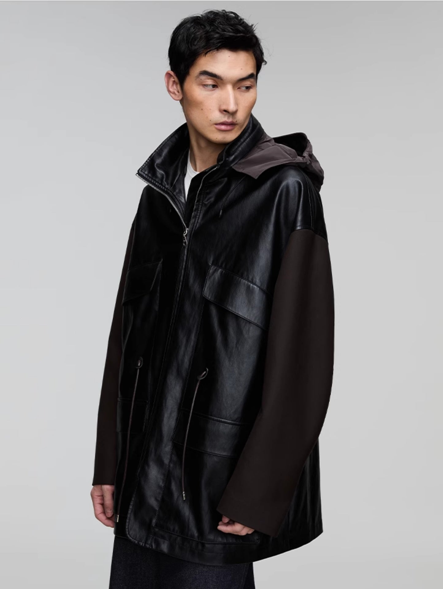 Leather jacket with detachable hood