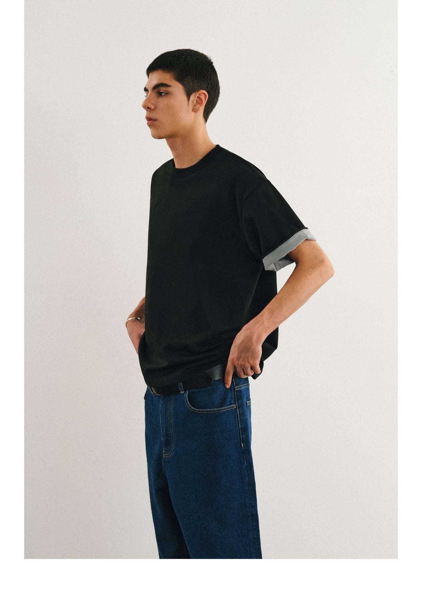 Hound's tooth sleeve T-shirt