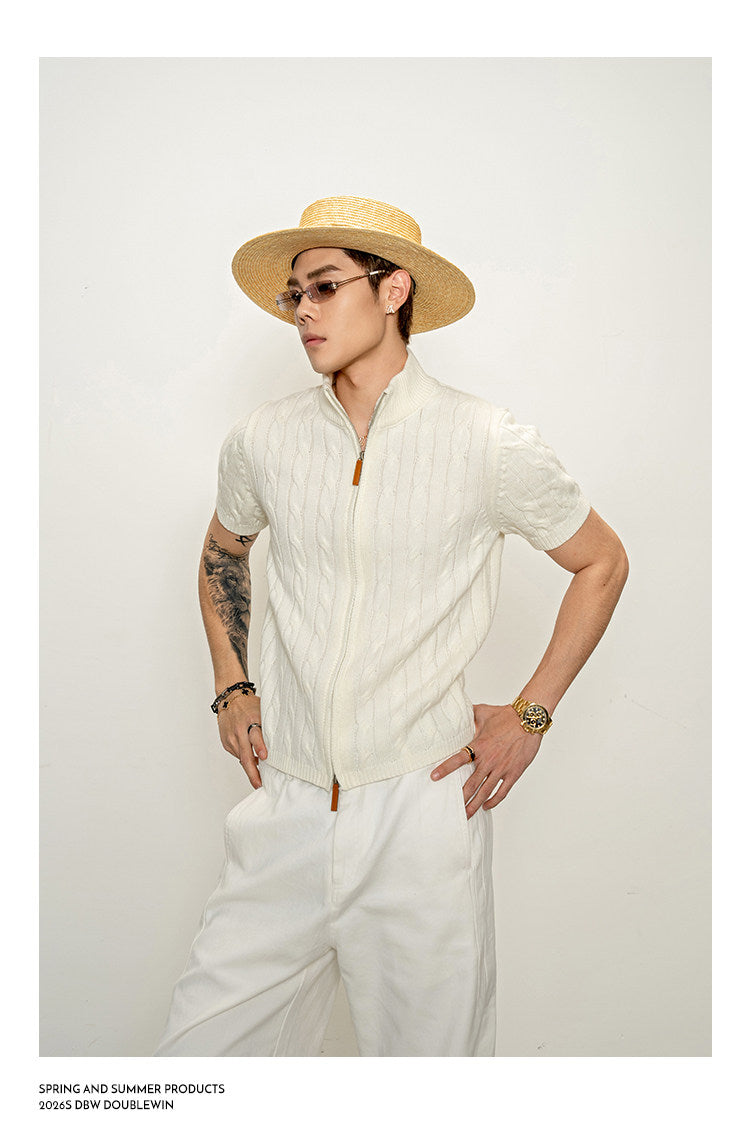 High-neck cable-knit shirt