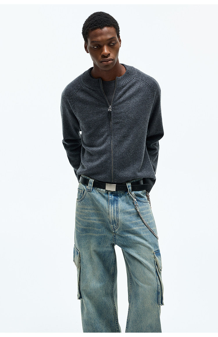 Crew Neck Double Zipper Cardigan