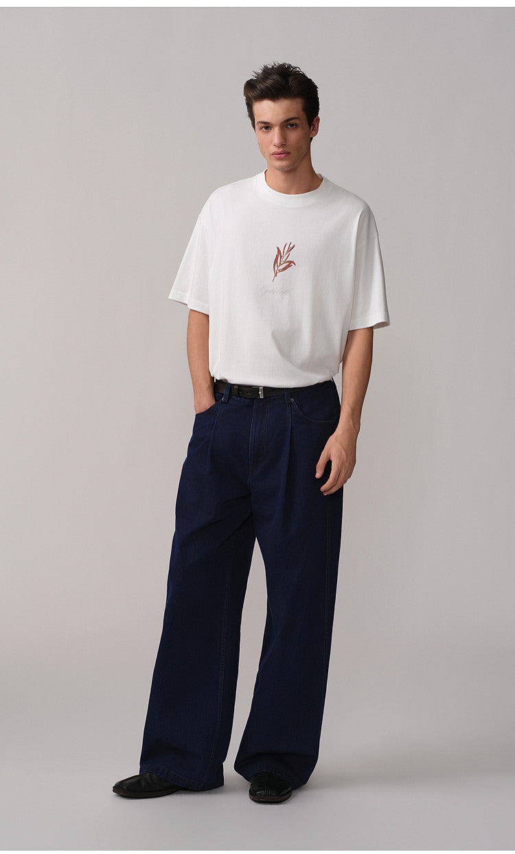 Double-Tuck Straight-Leg Casual Denim Pants