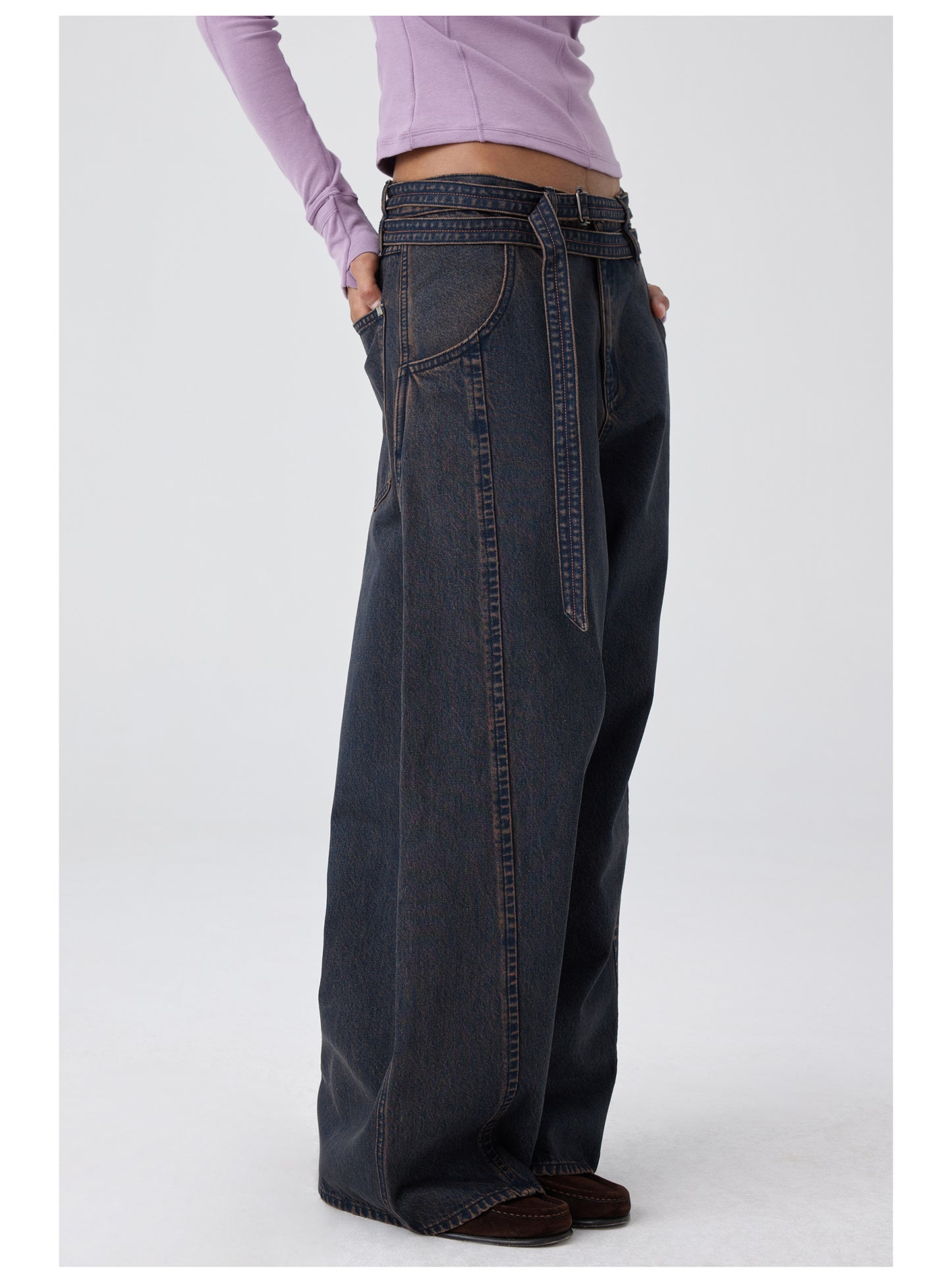 Belted denim pants