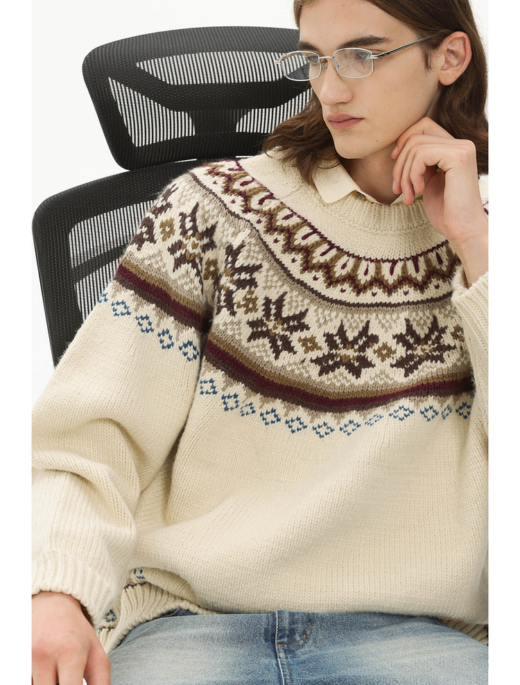 Retro Jacquard Round Neck Knit