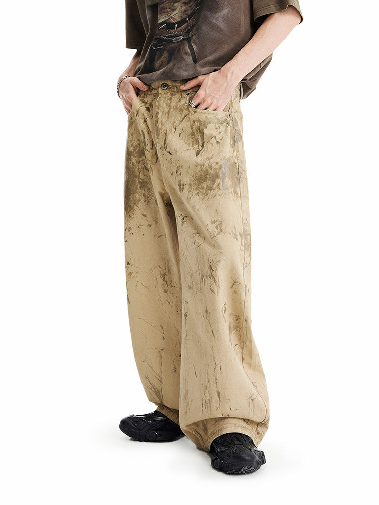 Wide-Leg Casual Pants with Oil-Wax Finish