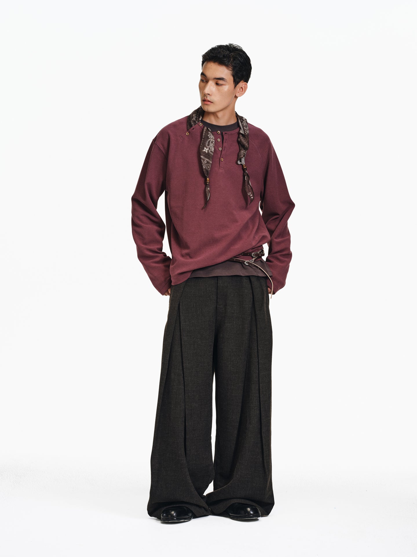 Henry Collar Diagonal Button T-Shirt