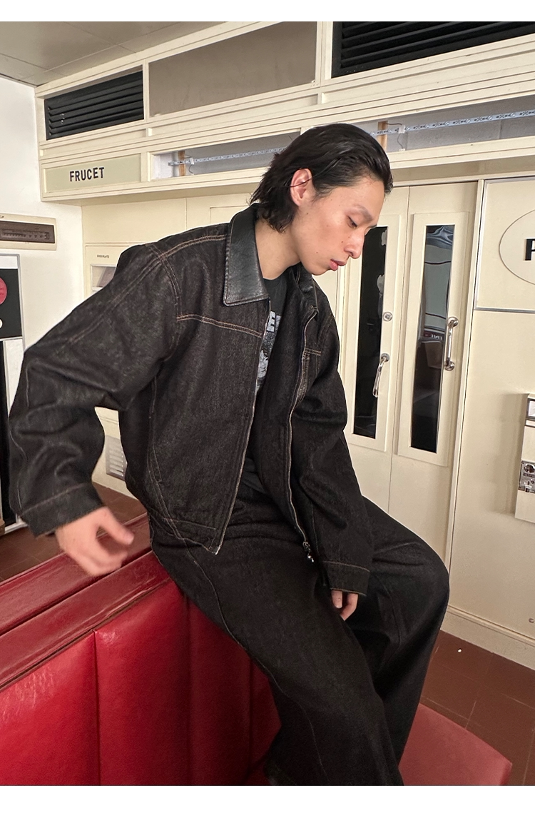 크랙트 레더 칼라 로 데님 재킷