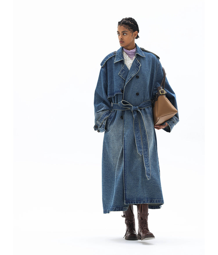 Double-breasted denim long coat