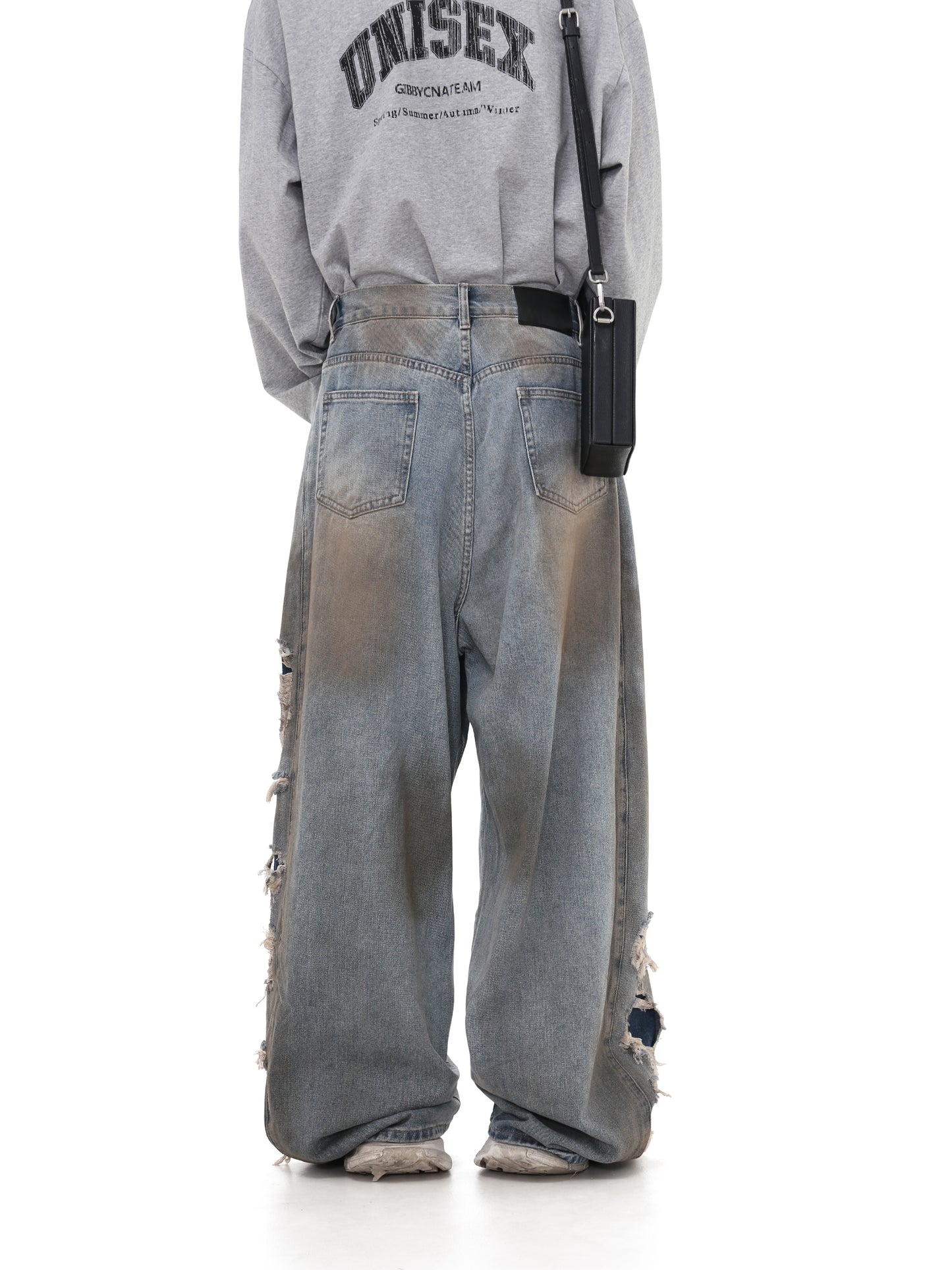 Wide leg Damaged Ripped Washed Denim Pants