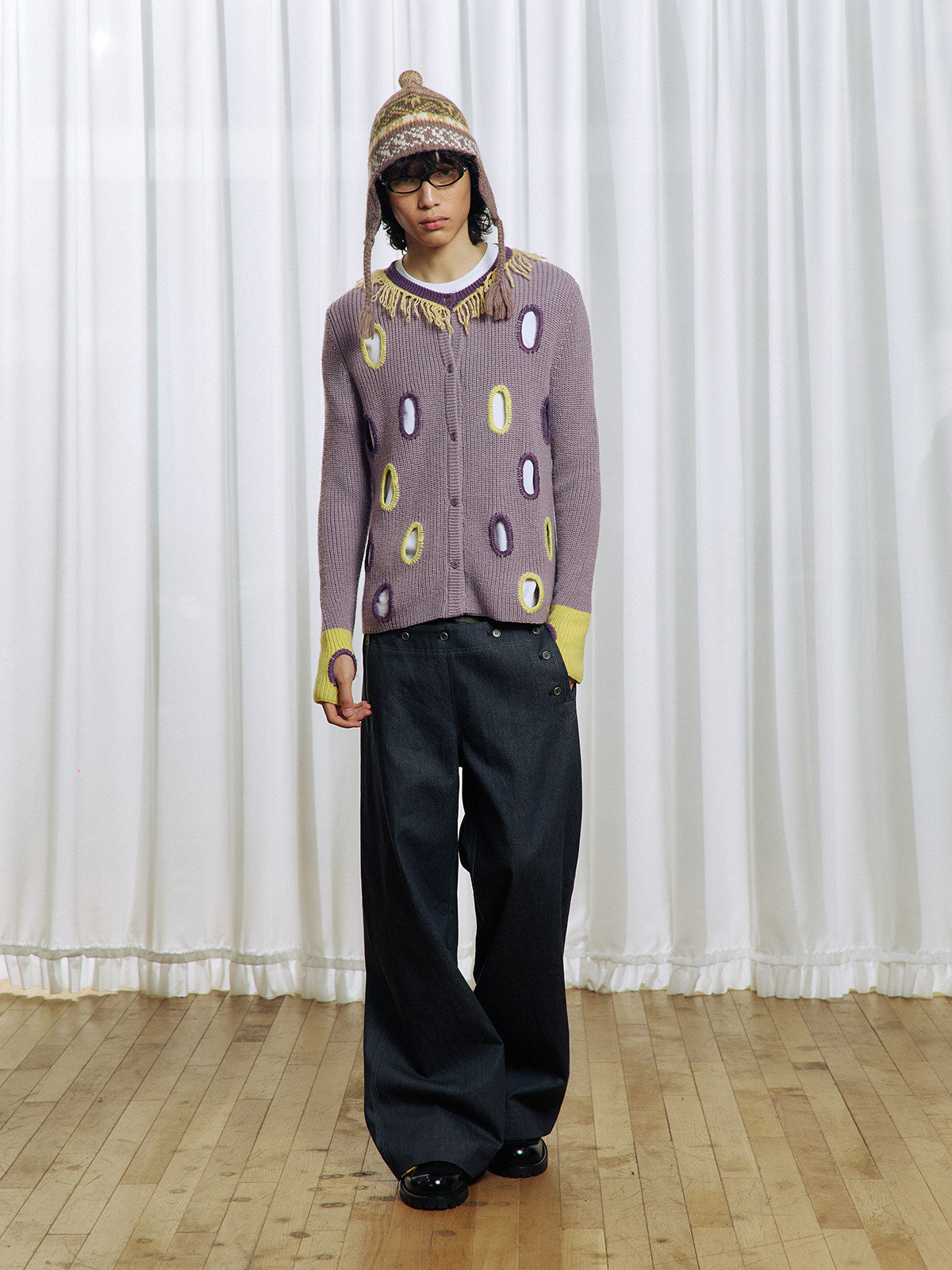 Hollowed-out wool blend cardigan