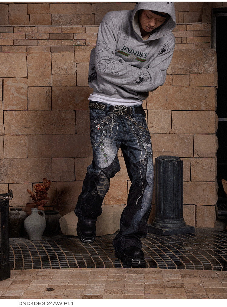 Total Chain Lace Stitch Bootcut Straight Pants