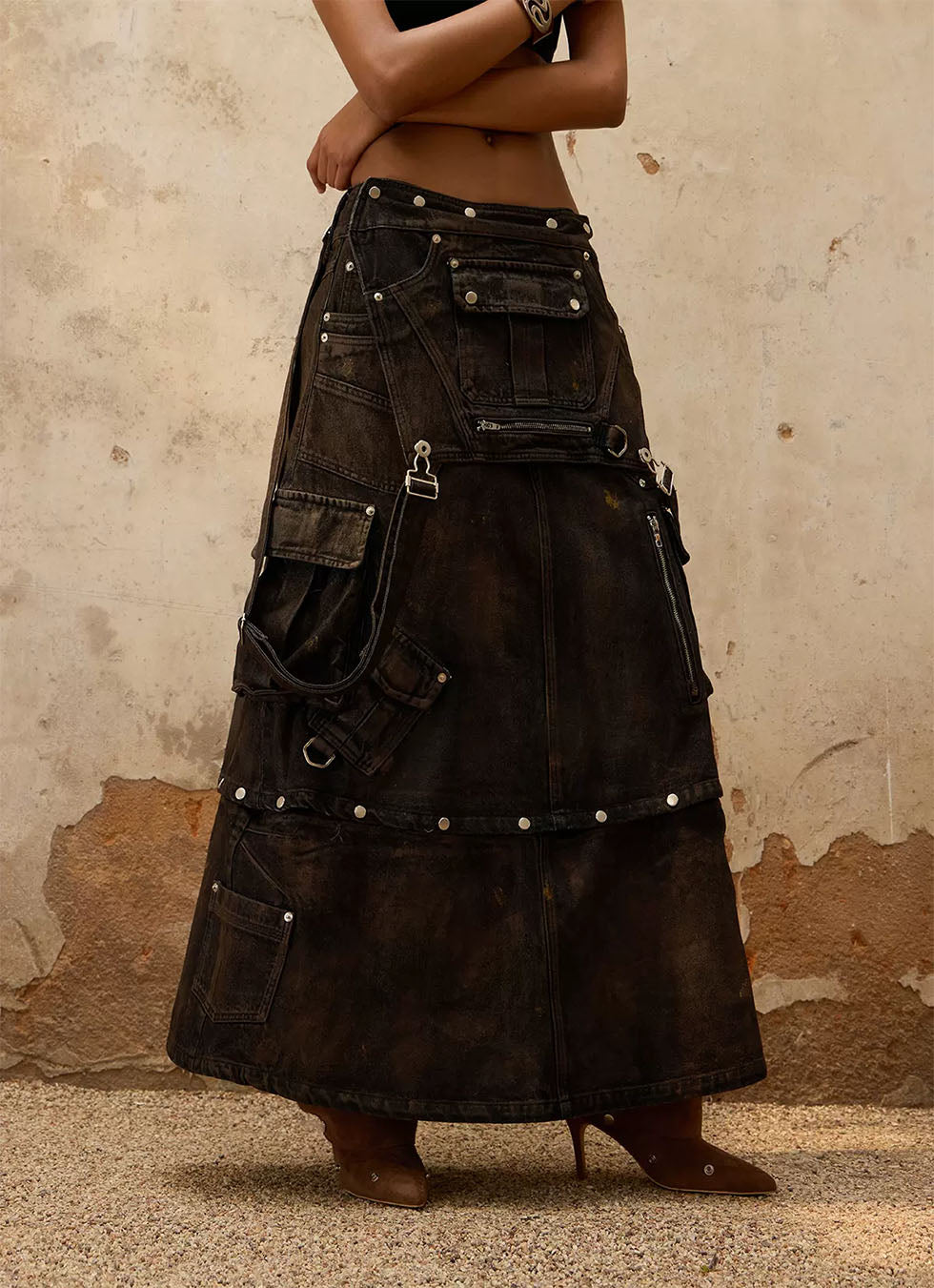 Three-in-one Detachable structured denim suspender skirt